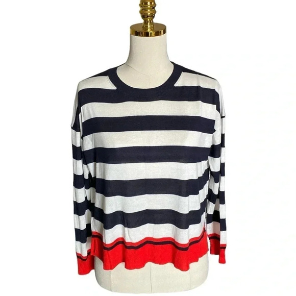 ZARA | Oversized Navy/White Striped Long Sleeve Sweater with Red Trim Size S - Picture 5 of 13